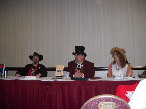 All-Con 2014 Steampunk Poetry panel. Larry Atchley Jr, Steve Sanders, Melody Sanders.